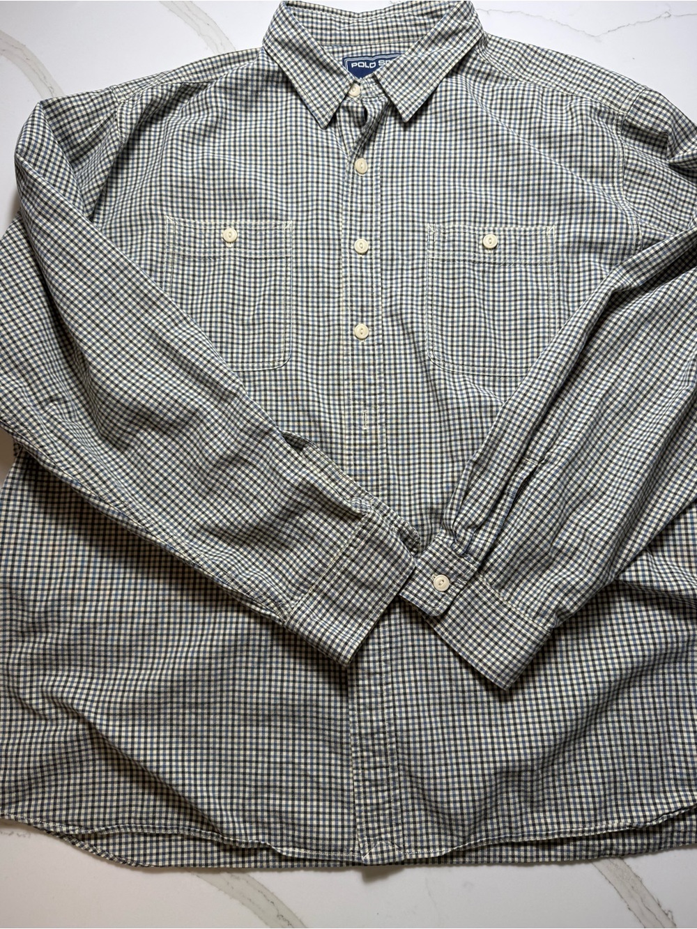 Vintage Polo by Ralph Lauren Men's Blue/Black Check Button-Up Shirt